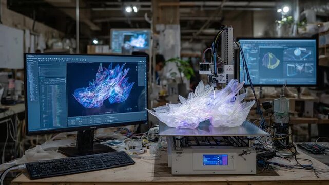 Advanced multi-material 3D printer creates intricate wearable prototypes using translucent polymers and flexible materials, with digital CAD models displayed on monitors.