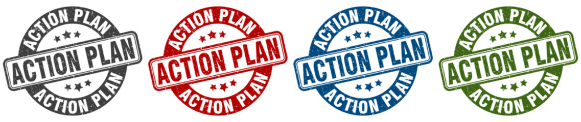 action plan stamp. action plan round stamp set isolated on white background