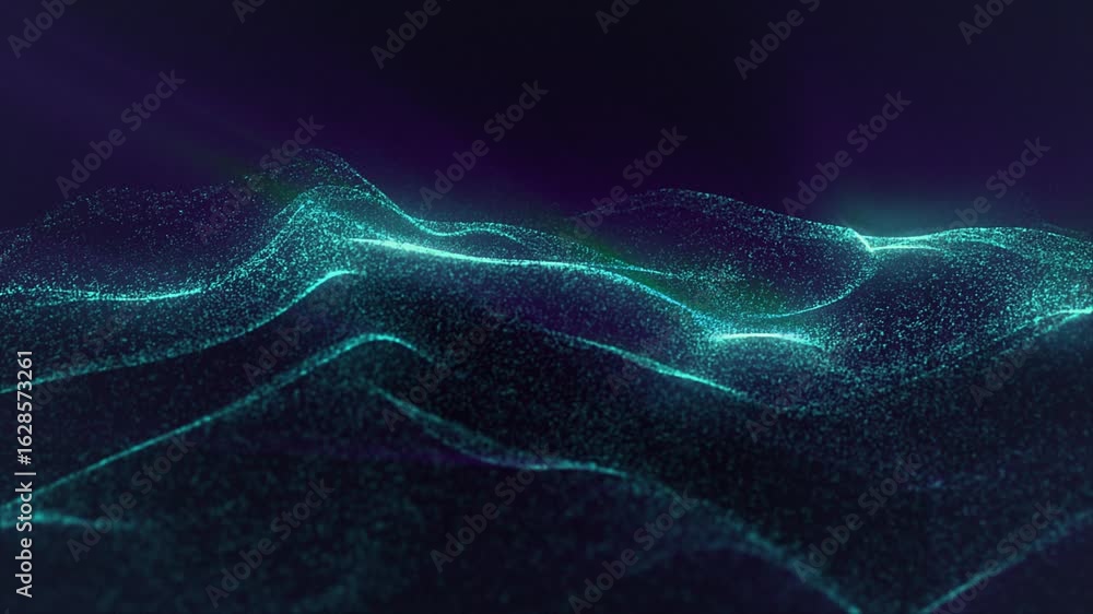 Poster flowing waves of light and color create a mesmerizing abstract atmosphere with a digital landscape.