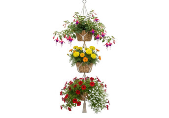 Three tiered hanging basket display of vibrant colorful flowers isolated on transparent background