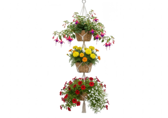 Three tiered hanging basket display of vibrant colorful flowers isolated on transparent background