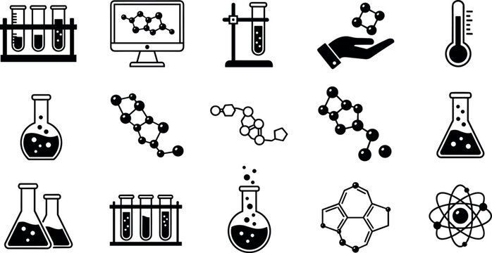 Chemistry lab icon set, beakers, test tubes, molecules, scientific equipment, experiments, scientific equipment, experiments, educational tools, vector drawing, research symbols, chemical design - Powered by Adobe