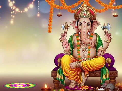 Lord Ganesha Sitting on Choki and a Mouse on the Floor for Ganesh Chaturthi
