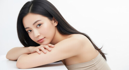 Obraz premium Beautiful young asian woman with long black hair posing gently, looking at the camera with serene eyes