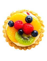 Delicious fruit tart with blueberries, raspberries, kiwi on transparent background