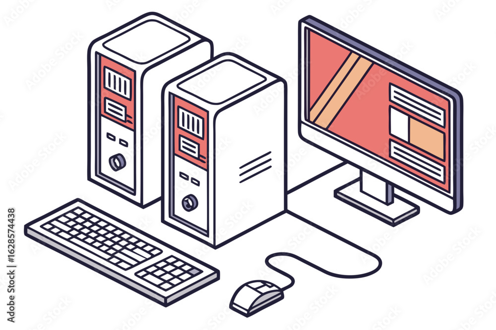 Poster isometric illustration of a computer setup with two towers isolated on white background