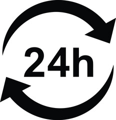 A 24-hour service icon with arrows depicting continuous availability and round-the-clock support, Vector