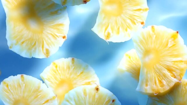 Glowing Pineapple Slice Pattern on Blue Background with Copy Space