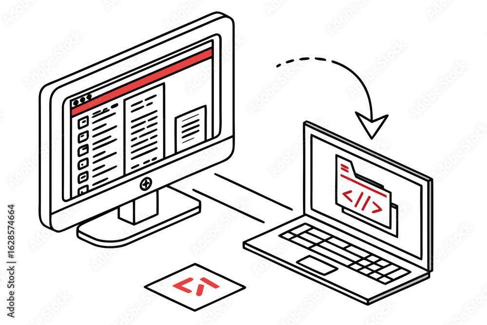Aufkleber computer and laptop transferring data with code symbol isolated on white background