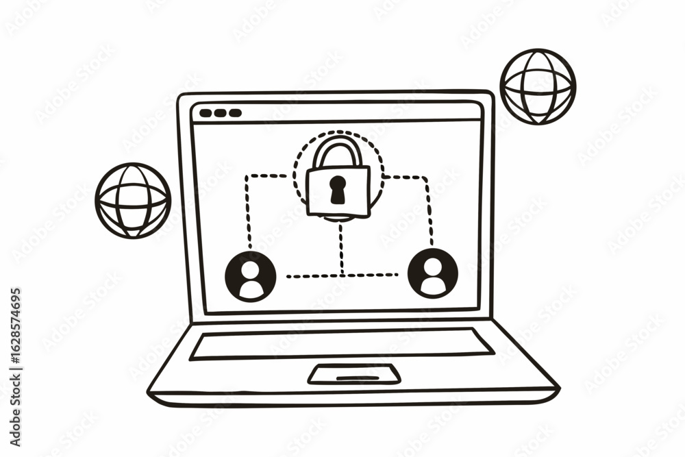 Poster laptop with network security and user icons isolated on white background