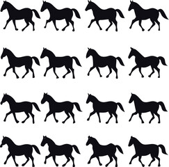 Bold horse silhouette icons in flat vector style. Great for stable signs, adventure labels, equine sport graphics, and cowboy designs.

