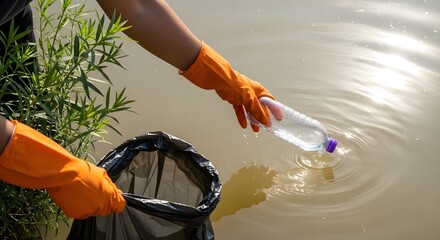 River cleanup volunteer collecting plastic bottle trash pollution environmental conservation effort