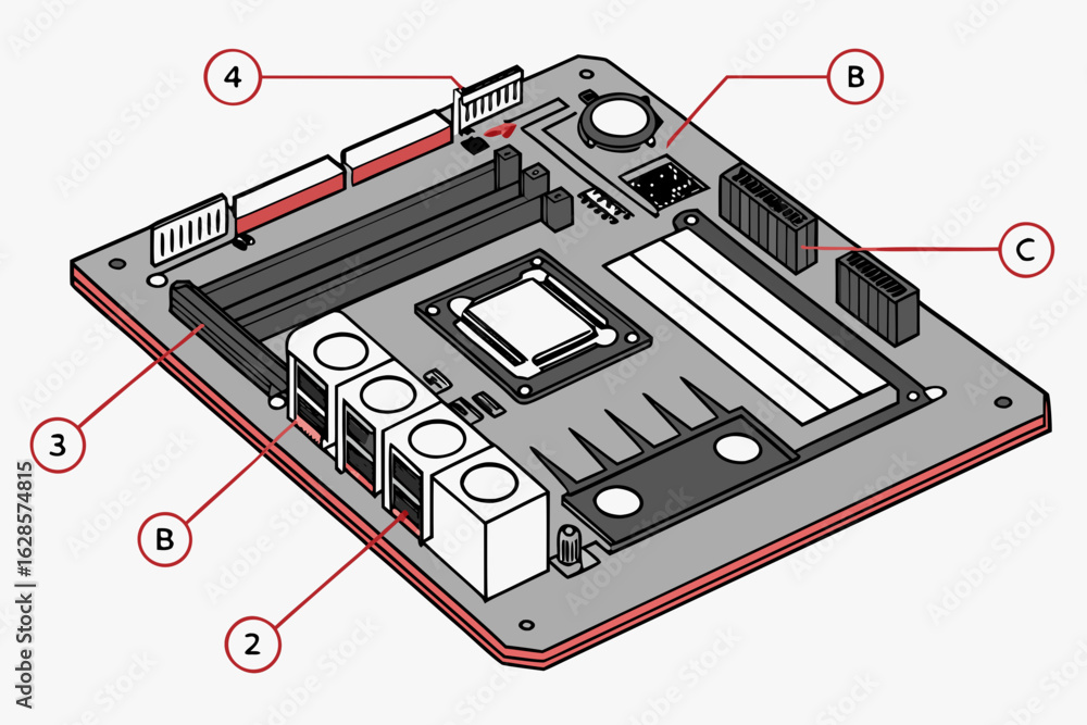 Poster computer motherboard schematic with labeled components isolated on white background