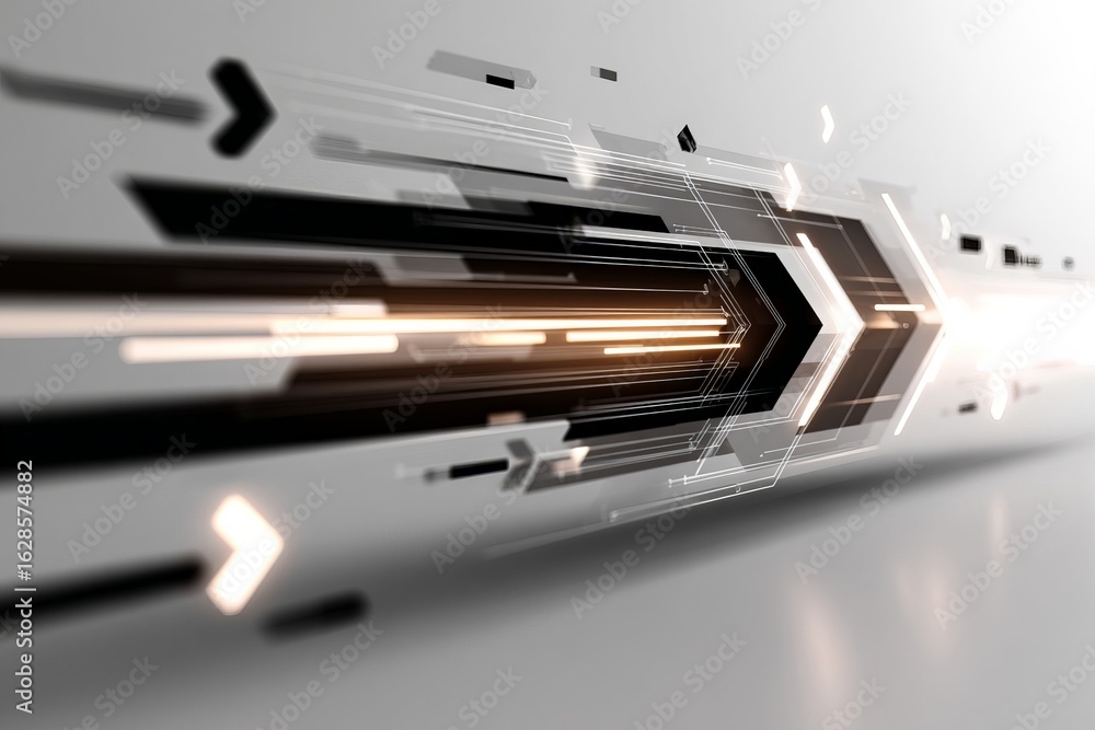 Poster dynamic lines and arrows create a futuristic abstract design in shades of black and white with brigh