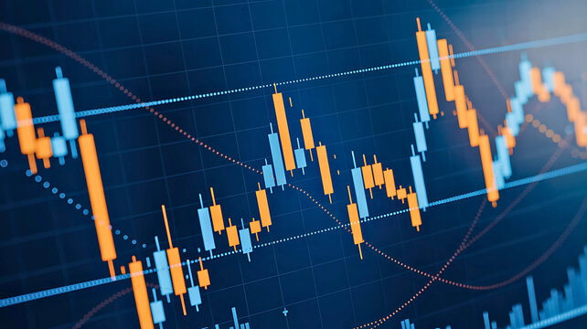 Financial data analysis with a dynamic candlestick chart showing stock market trends, volatility, and investment strategy on a screen.