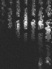 A dark abstract design featuring a 3D tunnel of floating pixelated cubes in grayscale tones. Ideal for cyberpunk, futuristic, or tech-themed backgrounds.