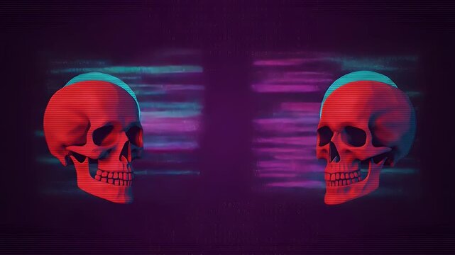 Two vibrant skulls facing each other against a digital background with abstract patterns