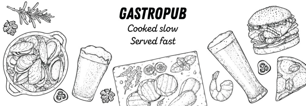 Gastropub menu. Pub food and beer. Hand drawn vector illustration. Food and drink sketch. Top view. Hand drawn food collection for gastropub or pub menu design. Beer and snacks. - Powered by Adobe