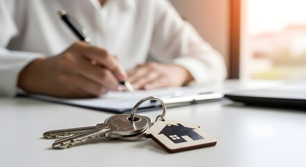 Fototapeta premium Signing real estate contract agreement for buying or selling property with house keys concept