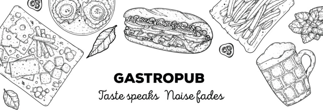 Gastropub menu. Pub food and beer. Hand drawn vector illustration. Food and drink sketch. Top view. Hand drawn food collection for gastropub or pub menu design. Beer, - Powered by Adobe
