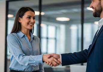 Fototapeta premium Professional Business Handshake Between Man and Woman in Modern Office Environment Representing Agreement and Partnership