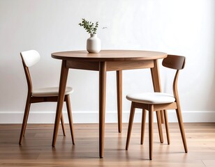 Modern wooden dining set, two chairs, round table