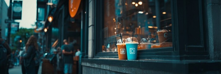 Urban coffee shop scene with takeaway cups in window, capturing the bustling city atmosphere with soft bokeh lighting and reflective glass surface at dusk