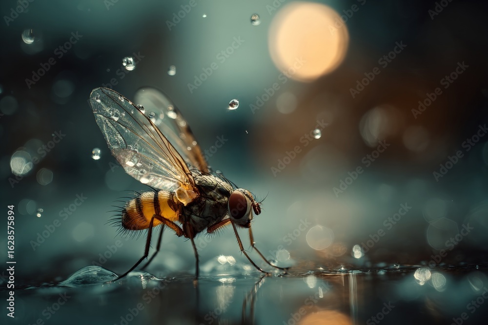Poster close-up view of a fly on a wet surface with droplets and blurred background at dawn