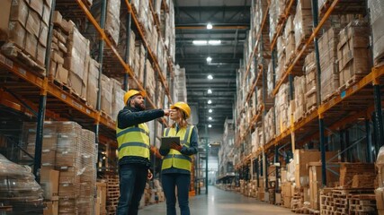 Two warehouse managers in hard hats and vests discuss operations amidst tall shelves stocked with goods symbolizing logistics - Powered by Adobe