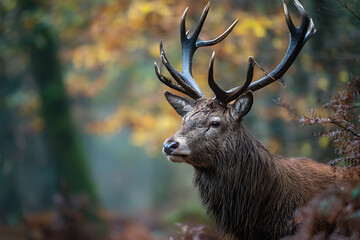 Majestic Red Deer Stag Portrait in Autumn Forest, Wildlife Photography