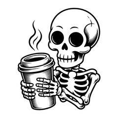 Skeleton Enjoying a Hot Coffee Cartoon Illustration Monochrome Artwork Featuring a Skull and Rib Cage Holding a Cup