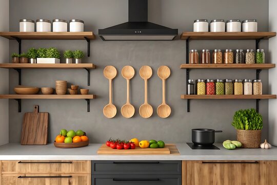 Modern kitchen with open shelving and wooden utensils - Powered by Adobe
