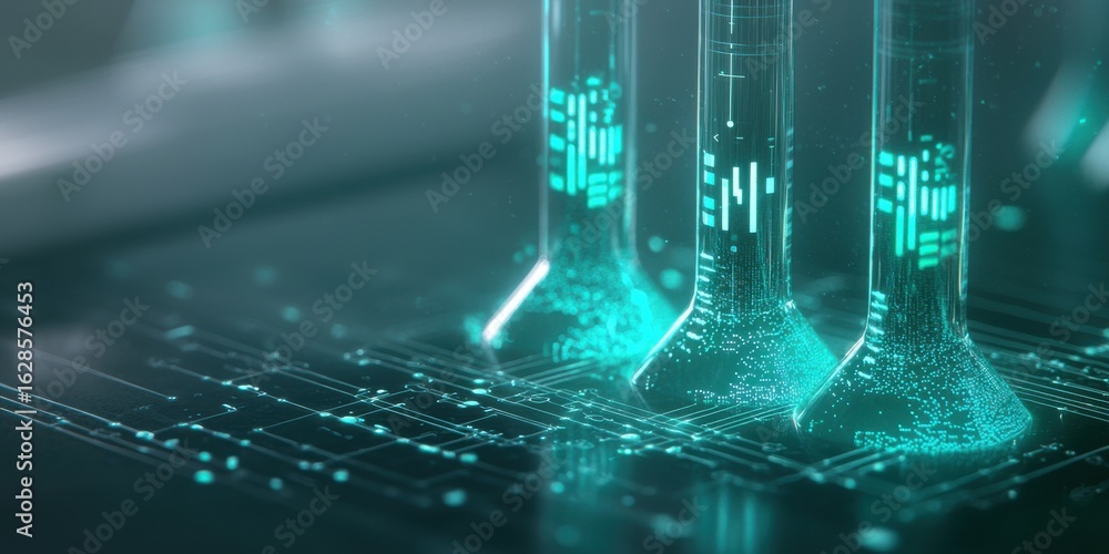 Poster engineer chemical simulation concept. futuristic laboratory scene with glowing test tubes and digita