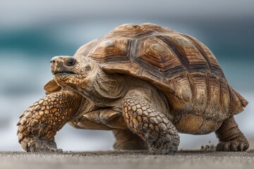 Fototapeta premium Large tortoise walking along a sandy beach near the ocean at sunrise during a peaceful morning