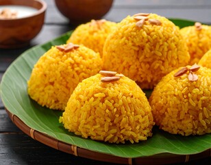 Traditional Nasi Kuning on Banana Leaf &ndash; Indonesian Celebration Dish