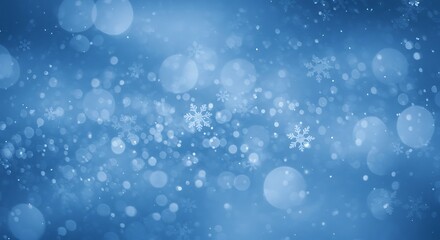 Abstract blue winter background with snowflakes and bokeh lights effect