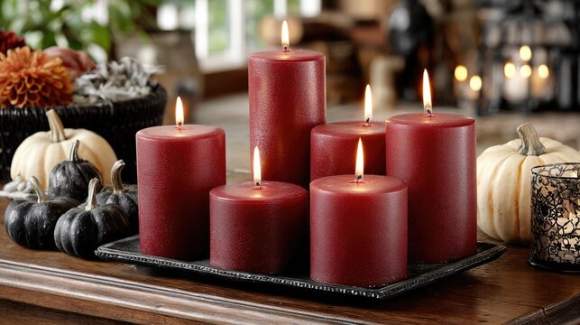 Dark red candles glow on a gothic table adorned with pumpkins, spider webs, and vampire-themed decorations for Halloween festivities