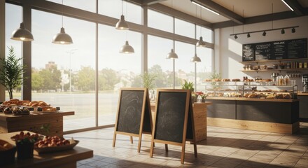 A bright, modern bakery interior with large windows, displaying pastries and signage, overlooking a park.