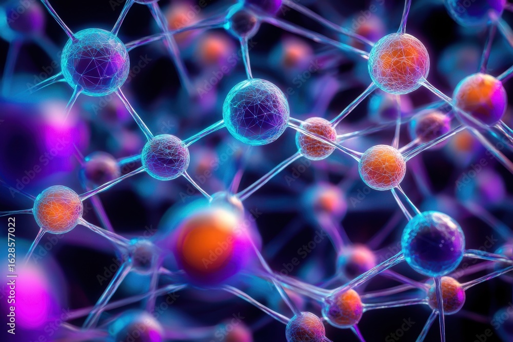 Aufkleber engineer chemical simulation concept. colorful molecular structure with interconnected atoms and par
