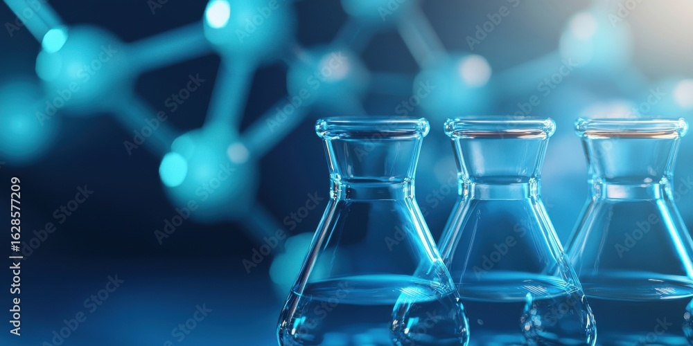 Poster engineer chemical simulation concept. laboratory glassware with a scientific background featuring mo