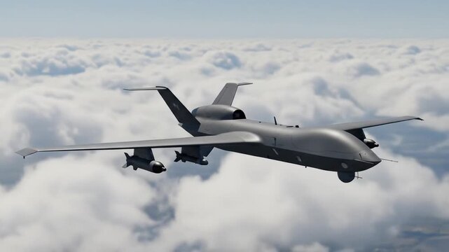 military drone video flying in the air, illustrative video, security technology,