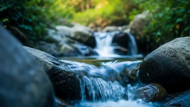 Waterfall and cascades of a small stream surrounded by rocks and trees