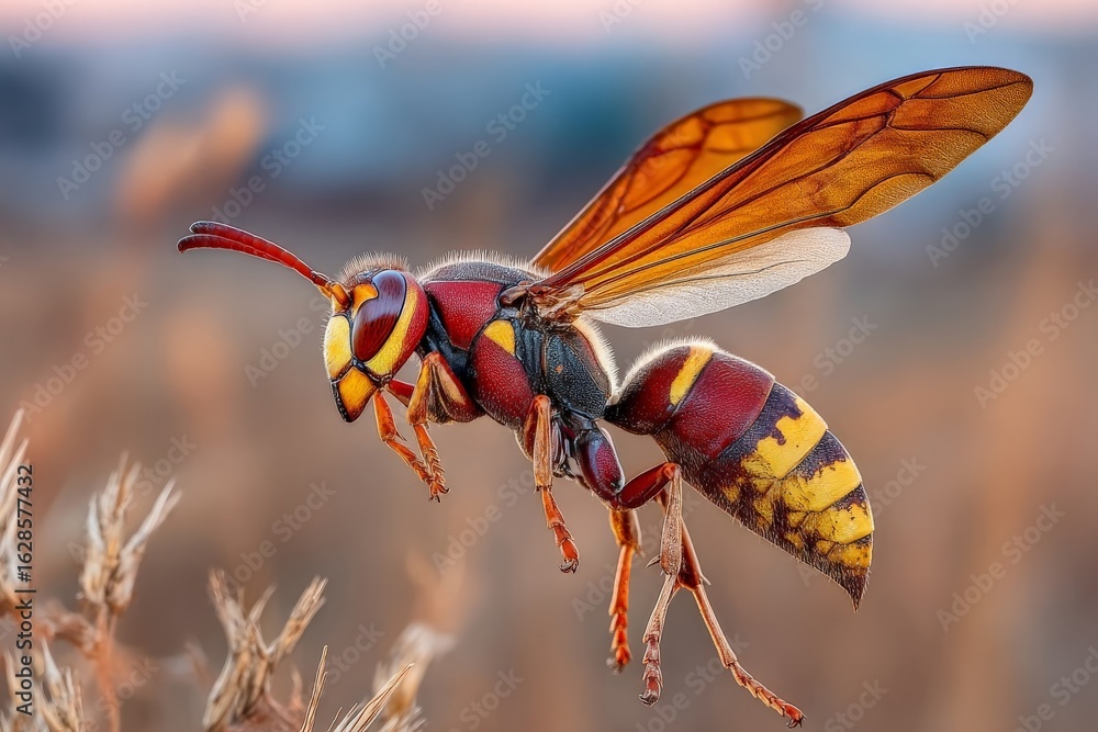 Poster close-up view of a colorful wasp hovering above dry grass during sunset in a natural setting