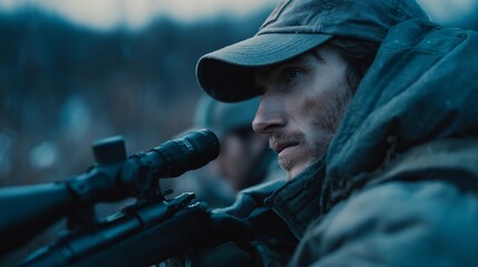 Obraz premium Man Aiming Rifle with Scope in Cold, Snowy Wilderness.
