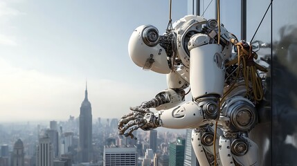 A futuristic robot cleans windows on a skyscraper overlooking the new york city skyline