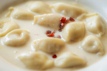 Creamy dumplings in a rich sauce garnished with red peppercorns, served in a white bowl. Soft texture and subtle spices give it a gourmet look.