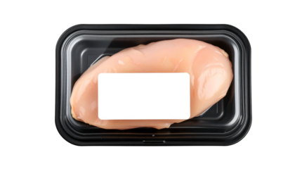Black plastic tray containing raw chicken breast meat and blank label mockup packaging isolated on transparent background