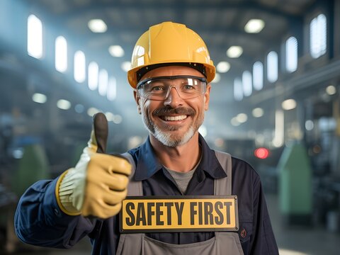 Man safety thumbs-up shows positive industrial attitude