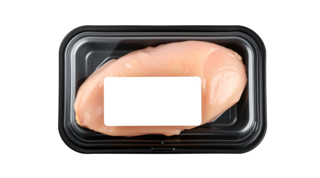 Black plastic tray containing raw chicken breast meat and blank label mockup packaging isolated on transparent background