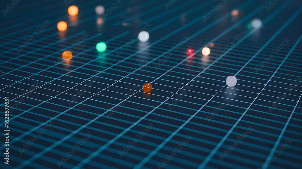Poster futuristic digital network concept with glowing data nodes moving across an illuminated grid landsca